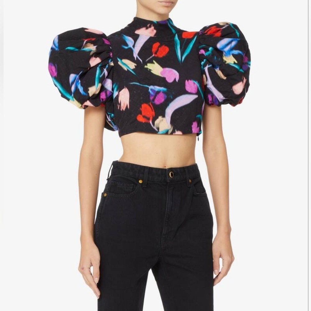 Colorful Floral Puff Sleeve Crop Top